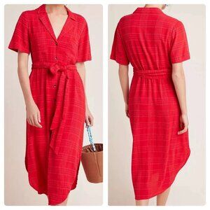 Maeve Anthropologie 'Aria' Red Cotton Textured Button Front Midi Dress Womens S